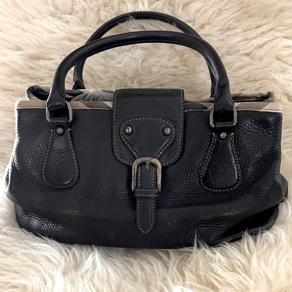 Burberry Black Leather Plaid Trim Satchel Bag - Picture 1 of 9